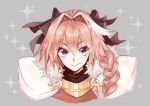  1boy armor astolfo_(fate) black_bow black_ribbon blush bow braid chromatic_aberration cloak commentary_request dated fang fate/apocrypha fate_(series) fur_trim grey_background hair_intakes hair_ribbon looking_at_viewer male_focus multicolored_hair pink_hair purple_eyes ribbon signature simple_background single_braid smile solo sparkle sparkle_background streaked_hair suu_(hinoya69) 