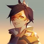  ask_(askzy) bangs brown_hair cropped earrings face goggles gradient gradient_background grin jewelry lips looking_at_viewer multicolored multicolored_background nose overwatch parted_lips portrait short_hair smile solo spiked_hair tracer_(overwatch) two-tone_background upper_body 