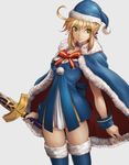  adapted_costume ahoge artoria_pendragon_(all) blonde_hair blue_cape blue_dress blue_legwear blue_santa_costume bobblehat bow bowtie breasts cape choker collarbone commentary_request covered_nipples cowboy_shot dress excalibur fate/grand_order fate/stay_night fate_(series) fur_trim green_eyes hat highres holding holding_sword holding_weapon looking_at_viewer red_bow red_neckwear saber santa_costume santa_hat short_dress small_breasts smile solo sowel_(sk3) sword thighhighs weapon wrist_cuffs 