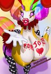  &lt;3 afro anthro arthropod bee beembo big_breasts big_lips birthday breasts cleavage clothed clothing clown english_text eyelashes female huge_breasts insect lips makeup nipple_bulge purple_eyes rainbow skirt text theboris 