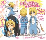  &gt;_&lt; animal_costume armin_arlert blanket blonde_hair blue_eyes cat_costume closed_eyes dew-non flying_sweatdrops full_body male_focus open_mouth shingeki_no_kyojin solo spitting tail tears translation_request 