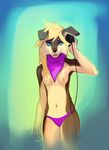  2016 anthro armpits bandanna blonde_hair blue_eyes border_collie breasts canine clothed clothing collie dog facial_piercing female floppy_ears front_view fur fuzzled hair headphones hi_res lip_piercing long_hair looking_away lost-paw mammal multicolored_fur neckerchief nipples open_mouth panties piercing portrait small_breasts smile snakebite_piercing solo standing three-quarter_portrait topless two_tone_fur underwear 