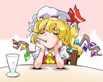  ascot blush chair closed_eyes drink drinking_straw flandre_scarlet hat mob_cap puffy_short_sleeves puffy_sleeves shinapuu short_hair short_sleeves side_ponytail sitting solo table touhou upper_body vest water_drop wings 