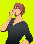  1boy bigdeal brown_hair facial_hair glasses male_focus solo teeth tiger_&amp;_bunny wince wink yellow_eyes 