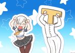  1boy 1girl black_pantyhose blue_background blue_sailor_collar caramelldansen closed_eyes daichi_(daiti1318) dancing gradient_background grey_hair grey_skirt hair_ornament hair_over_one_eye hairclip hamakaze_(kancolle) kantai_collection military_uniform naval_uniform navel neckerchief open_mouth pantyhose pleated_skirt rabbit_pose sailor_collar sailor_shirt school_uniform shirt short_hair short_sleeves skirt smile starry_background t-head_admiral uniform yellow_neckerchief 