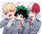  ... 3boys anger_vein bakugou_katsuki blazer blonde_hair blue_eyes boku_no_hero_academia freckles green_eyes green_hair grey_eyes heterochromia jacket male_focus midoriya_izuku multicolored_hair multiple_boys necktie nightcat open_mouth red_eyes red_hair school_uniform spoken_ellipsis todoroki_shouto twitter_username two-tone_hair u.a._school_uniform upper_body white_hair 