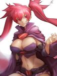  arcana_heart arcana_heart_3 belt breasts cape cleavage commentary_request cowboy_shot detached_sleeves groin highres large_breasts long_hair looking_at_viewer midriff navel red_eyes red_hair scharlachrot short_shorts shorts smile solo sowel_(sk3) twintails two_side_up uneven_eyes white_background 