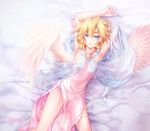  angel angel_wings armpits arms_up bare_legs blonde_hair blue_eyes breasts closed_mouth cowboy_shot dress from_above highres kmkm_(shimamura) looking_at_viewer lying on_back original pink_dress pink_wings red_lips see-through short_hair sleeveless sleeveless_dress small_breasts solo star thigh_strap wings 