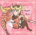  1girl ? armor blush brown_eyes brown_hair carrying flying_sweatdrops headgear heart jarvan_lightshield_iv league_of_legends long_hair open_mouth otani_(kota12ro08) pink_background princess_carry red_hair shyvana sweatdrop 