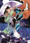  1boy 1girl black_hair blue_eyes brown_eyes cape carrying cityscape clark_kent dark-skinned_female dark_skin dc_comics floating highres jacket lois_lane my_adventures_with_superman night night_sky one_eye_closed open_mouth princess_carry rain short_hair sketch sky smile superhero_costume superman superman_(series) tokitokororo transparent transparent_umbrella umbrella 