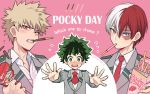  3boys bakugou_katsuki blazer blonde_hair blue_eyes blush boku_no_hero_academia box english_text flying_sweatdrops food freckles green_eyes green_hair grey_eyes heterochromia jacket male_focus midoriya_izuku mouth_hold multicolored_hair multiple_boys necktie nightcat open_mouth pink_background pocky pocky_day red_eyes red_hair school_uniform todoroki_shouto two-tone_hair u.a._school_uniform white_hair yaoi 