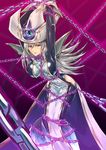  armpits arms_up bad_id bad_pixiv_id blush bodysuit bound bound_legs bound_wrists breasts chain commentary_request duel_monster fiendish_chain frown hat highres hip_vent large_breasts leaning_forward long_hair looking_at_viewer maeda_satoru red_eyes restrained silent_magician silver_hair solo sweat tabard tied_up wizard_hat yuu-gi-ou 