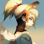  ask_(askzy) bangs blonde_hair breasts closed_mouth cropped expressionless eyebrows from_side gradient gradient_background green_eyes hair_ornament headgear high_ponytail lips looking_at_viewer medium_breasts mercy_(overwatch) multicolored multicolored_background nose overwatch portrait profile short_ponytail solo two-tone_background 
