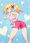  ;) aikatsu!_(series) aikatsu_stars! artist_name ass bare_shoulders bent_over blonde_hair blush bow commentary_request hair_bow hand_on_hip heart heart_background joy_ride kneepits looking_at_viewer nijino_yume one_eye_closed orange_eyes pantylines pink_shorts pom_pom_(clothes) red_bow shorts sidelocks sleeveless smile solo twintails wrist_cuffs 