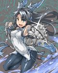 armor bare_shoulders black_hair blue_eyes blue_legwear breasts china_dress chinese_clothes covered_navel dragon_girl dragon_horns dragon_tail dress gauntlets gloves hair_ornament head_fins horns karin_(p&amp;d) long_hair medium_breasts open_mouth p_(tidoriashi) pantyhose puzzle_&amp;_dragons smile solo sparkle spiked_knuckles spikes tail water 