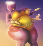 2016 absurd_res air_inflation anthro belly belly_expansion belly_grab belly_squish big_belly big_breasts big_butt black_eyes body_inflation bracelet breast_expansion breasts butt butt_expansion clothing cloud colored digital_media_(artwork) drifblim expansion female floating generation_4_pokemon gloves hand_on_belly hand_on_own_belly handwear hi_res huge_belly huge_breasts huge_butt huge_thighs inflation iris_(gravityinbound) jewelry latex latex_clothing latex_gloves latex_handwear leotard necklace nintendo not_furry pokemon pokemon_(species) purple_body raikovjaba shaded sky skyscape solo squish swelling tan_clothing tan_gloves tan_handwear taped_mouth thick_thighs tight_clothing white_bracelet white_jewelry white_necklace yellow_clothing yellow_leotard