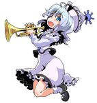  :d ahoge blue_eyes blue_hair blush bobby_socks hat instrument juliet_sleeves jumping long_hair long_sleeves looking_at_viewer mary_janes merlin_prismriver music open_mouth playing_instrument puffy_sleeves shinapuu shoes silver_hair skirt skirt_set smile socks solo touhou trumpet vest 