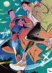  1boy 1girl black_hair black_pants blue_bodysuit blue_eyes bodysuit brown_eyes cape clark_kent dc_comics full_moon highres holding_hands hood hooded_jacket jacket lois_lane moon my_adventures_with_superman night night_sky pants short_hair sketch sky smile star_(symbol) superhero_costume superman superman_(series) tokitokororo 