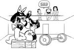  barbell black_and_white cellphone dialogue exercise group gym human lifting line_art lucario lying machop mammal monochrome nintendo on_back phone pok&eacute;mon spikes unknown_artist video_games weightlifting workout 