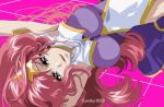  1girl armpits artist_name blue_eyes breasts commentary_request fumiko_(mesushi) gundam gundam_seed gundam_seed_destiny hair_ornament highleg highleg_leotard large_breasts leotard long_hair lying meer_campbell multicolored_leotard solo star_(symbol) star_hair_ornament upper_body white_leotard 