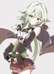  1girl black_gloves blush brown_cape brown_shorts cape closed_mouth elbow_gloves elf gloves goblin_slayer! green_eyes green_hair grey_background high_elf_archer_(goblin_slayer!) ixy long_hair looking_to_the_side pointy_ears shorts simple_background solo 