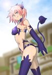  alternate_costume blue_eyes breasts demon_tail elbow_gloves final_fantasy final_fantasy_xiii from_side gloves horns lightning_farron lightning_returns:_final_fantasy_xiii looking_at_viewer medium_breasts navel onnaski pink_hair solo stomach tail thighhighs 