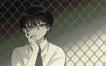  1boy chain-link_fence collared_shirt diagonal-striped_clothes diagonal-striped_necktie eyelashes fence hair_between_eyes hand_on_own_face katsuragi_atori light_smile looking_at_viewer mizuki_hajime monochrome necktie partially_shaded_face school_uniform shirt short_hair smug striped_clothes tennis_no_ouji-sama wavy_hair 