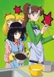  aino_minako apron bishoujo_senshi_sailor_moon black_hair blonde_hair blush bow bowl brown_hair burnt chopsticks double_bun embarrassed failure frills green_eyes green_shirt green_skirt hair_bobbles hair_bow hair_ornament hino_ryutaro kino_makoto long_hair multiple_girls orange_shirt oven_mitts pink_shirt ponytail pot purple_eyes red_bow saucepan shirt short_hair skirt surprised sweatdrop tomoe_hotaru tsukino_usagi 