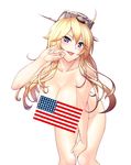  846-gou absurdres american_flag bad_id bad_twitter_id blonde_hair blue_eyes breasts censored cleavage headgear highres iowa_(kantai_collection) kantai_collection large_breasts long_hair looking_at_viewer novelty_censor nude solo star star-shaped_pupils symbol-shaped_pupils 
