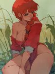  1girl areola_slip blue_eyes bottomless braid breasts chinese_clothes covered_nipples emmanuel_viola english_commentary freckles genderswap genderswap_(mtf) hair_over_shoulder hair_ribbon long_hair looking_to_the_side off_shoulder outdoors plant ranma-chan ranma_1/2 red_hair red_shirt ribbon shirt sitting solo tangzhuang 
