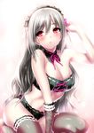  alternate_hairstyle bikini blush breasts cleavage collar detached_collar elbow_gloves floral_print gloves hair_down hairband highres huge_breasts idolmaster idolmaster_cinderella_girls kanzaki_ranko lolita_hairband long_hair navel parted_lips print_gloves red_eyes ribbon-trimmed_collar ribbon_trim silver_hair single_glove solo swimsuit thighhighs very_long_hair zen 