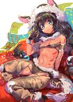  animal_ears armlet bad_id bad_pixiv_id bare_shoulders black_hair blue_eyes blush bodypaint breasts brown_gloves chaps choker commentary_request dark_skin facepaint fur_trim gloves hat highres konbu_wakame long_hair looking_at_viewer navel original shorts sitting small_breasts smile solo strapless tubetop 