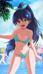  4girls :d aqua_bikini ass_visible_through_thighs beach bikini billy_herrington black_hair blonde_hair blue_eyes blue_ribbon collarbone fang gachimuchi ganaha_hibiki hair_ribbon high_ponytail highres hinata_yukari ichii_yui idolmaster idolmaster_(classic) long_hair looking_at_viewer multiple_girls navel o-ring o-ring_bikini ocean open_mouth outdoors pink_hair ponytail real_life ribbon shinjou_kanae_(teekyuu) smile solo_focus sparkle swimsuit taka_(takahirokun) teekyuu wading water white_bikini yuyushiki 