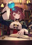  1girl atelier_(series) atelier_sophie_2 blue_coat book book_stack bookshelf brown_eyes closed_mouth coat collared_coat commentary_request flask holding holding_flask indoors jewelry lantern liquid long_sleeves looking_at_viewer necklace noco_(adamas) official_art open_book paper red_hair round-bottom_flask second-party_source short_hair smile solo sophie_neuenmuller table test_tube upper_body 