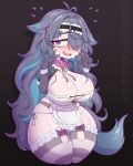  1girl @_@ absurdres animal_collar antenna_hair apron artist_name bite_mark bite_mark_on_breast black_hairband blue_hair blush bow breasts cleavage collar colored_inner_hair double_v elbow_gloves fang flying_sweatdrops frilled_hairband frills gloves grey_gloves grey_hair hair_over_one_eye hairband highres indie_virtual_youtuber kneeling large_breasts long_hair menace_mamaki mole mole_on_breast mossyartburger multicolored_hair open_mouth outline panties pink_outline purple_bow purple_collar purple_eyes side-tie_panties skin_fang solo striped_clothes striped_thighhighs sweat tail thighhighs underwear v virtual_youtuber white_apron white_wrist_cuffs wrist_cuffs 