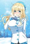  :d alternate_costume aqua_eyes atago_(kantai_collection) beret black_gloves blonde_hair blue_bow blush bow breasts buttons commentary_request cowboy_shot fur_collar gloves hat heavy_breathing highres kantai_collection large_breasts long_hair long_sleeves looking_at_viewer nanashiki_fuuka nose_blush open_mouth outdoors smile snowing solo white_coat 