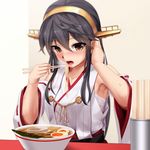  :o aiguillette armpits bandages bare_shoulders black_hair blurry blush brown_eyes chopsticks collarbone cup depth_of_field detached_sleeves eating egg eto eyebrows eyebrows_visible_through_hair food hand_in_hair hand_up haruna_(kantai_collection) headgear highres holding holding_chopsticks japanese_clothes kantai_collection kimono long_hair long_sleeves looking_at_viewer md5_mismatch meat noodles open_mouth ramen red_ribbon resized ribbon ribbon-trimmed_sleeves ribbon_trim sarashi simple_background sleeveless sleeveless_kimono solo soup sweatdrop upper_body upscaled wide_sleeves yellow_background 