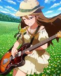  artist_request blue_eyes brown_hair brown_vest dress field flower flower_field grin guitar hat idolmaster idolmaster_million_live! instrument long_hair meadow music official_art one_eye_closed outdoors playing_instrument plectrum smile solo tokoro_megumi vest 