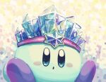  :o blue_eyes blue_gemstone blue_skin blush_stickers circlet colored_skin commentary_request crystal gem highres ice ice_kirby kirby kirby_(series) looking_at_viewer no_humans open_mouth purple_footwear shoes sitting solo suyasuyabi yellow_background 