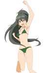  :d arm_up armpits barefoot bikini black_hair breasts collarbone earrings fang ganaha_hibiki green_bikini green_eyes green_ribbon hair_ribbon high_ponytail highres idolmaster idolmaster_(classic) jewelry long_hair navel open_mouth ponytail ribbon simple_background small_breasts smile solo standing standing_on_one_leg swimsuit taka_(takahirokun) underboob very_long_hair white_background 