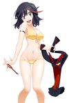  absurdres ass_visible_through_thighs bikini black_hair blue_eyes breasts cleavage front-tie_bikini front-tie_top highres holding kill_la_kill long_hair looking_at_viewer matoi_ryuuko medium_breasts navel open_mouth senketsu sideboob simple_background solo swimsuit taka_(takahirokun) white_background yellow_bikini 