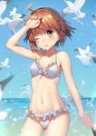  ;d arm_at_side armpits ass_visible_through_thighs bare_arms bare_shoulders bikini bird blue_sky bow breasts brown_hair collarbone contrapposto cowboy_shot day frilled_bikini frills front-tie_bikini front-tie_top green_eyes horizon looking_at_viewer navel ocean one_eye_closed open_mouth original qian_wu_atai seagull short_hair sky small_breasts smile solo splashing standing swimsuit thighhighs water white_bow 