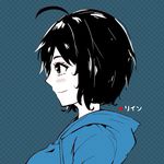  black_hair blue blush from_side hood hoodie keikyu_(tiltedcube) monochrome polka_dot polka_dot_background profile short_hair smile solo 