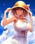  :d armpits arms_up bare_shoulders blue_sky bow breasts brown_hair brown_hat cleavage cloud collarbone covered_nipples cowboy_shot dark_skin day dress hands_on_headwear hat hat_bow highres himegumo large_breasts mirror nipples no_bra open_mouth original outdoors pole red_bow red_eyes see-through short_hair sky sleeveless sleeveless_dress smile solo summer sun_hat sundress tan wet wet_clothes wet_dress 