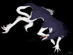 anthro blue_body blue_fur female fur japanese_text looking_at_viewer mick39 multicolored_body multicolored_fur nude open_mouth rain_silves scar sergal sharp_teeth simple_background solo tail teeth text tongue tongue_out two_tone_body two_tone_fur vilous white_body white_fur