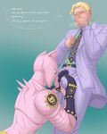  animal_humanoid belt blonde_hair blue_eyes blush bulge cat_humanoid clothed clothing duo embarrassed english_text feline fully_clothed gloves hair human humanoid jojo&#039;s_bizarre_adventure killer_queen male male/male mammal omorashi peeing pink_body random-anon-art red_eyes speech_bubble spikes stand_(jjba) text topless urine yoshikage_kira 
