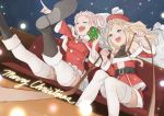  2girls :d bag bangs bare_shoulders belt blonde_hair blush bow braid commentary dasshu double_bun fangs himehina_channel long_hair multiple_girls open_mouth outdoors pink_bow pink_hair purple_eyes santa_costume sitting sky sleigh smile snow star_(sky) starry_sky suzuki_hina tanaka_hime thighhighs virtual_youtuber zettai_ryouiki 