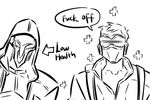  cloak comic english face_mask greyscale gun healing hood hooded_cloak jacket lowres male_focus mask monochrome multiple_boys overwatch profanity reaper_(overwatch) sfheibai sketch skull_mask soldier:_76_(overwatch) sunglasses visor weapon 