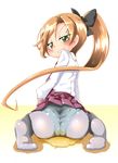  akigumo_(kantai_collection) ass blush bow hair_bow kantai_collection long_hair looking_at_viewer looking_back nassukun naughty_face panties pee_stain peeing shiny_hair simple_background skirt solo underwear white_background 