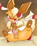  2016 absurd_res anal balls blown_fur blush chellvy eeveelution fan_character flareon fur gradient_background hi_res looking_at_viewer male mammal nintendo penis pok&eacute;mon precum ribbons rime_the_vixen simple_background solo sylveon video_games 